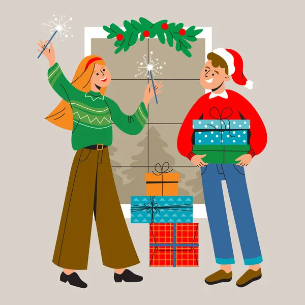 Vectormensen Winterkleding Zijn Blij Kerstvakantie Mensen Presenteren Geschenkdoos Vrouw Met — Stockvector