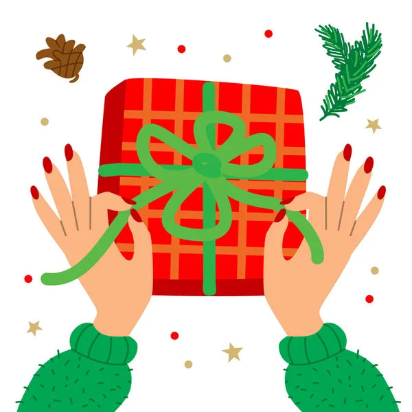 Illustrazione vettoriale con mani e dono. Confezione regalo di Natale che si prepara per la vigilia di Natale. Regalo di Capodanno. Ispirazione invernale. — Vettoriale Stock