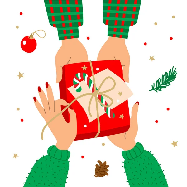 Векторная иллюстрация с руками и подарком. Заворачиваю рождественскую подарочную коробку, готовясь к празднованию Рождества. Новогодний подарок. Зимнее вдохновение. — стоковый вектор