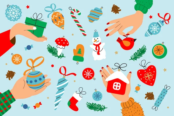 Biglietto vettoriale natalizio con mani e decorazioni natalizie invernali. Illustrazioni Flatlay. Anno nuovo sfondo felice. — Vettoriale Stock