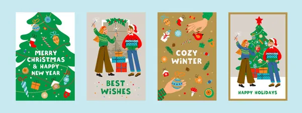 Векторный набор открыток с людьми, празднующими зимние праздники. — стоковый вектор