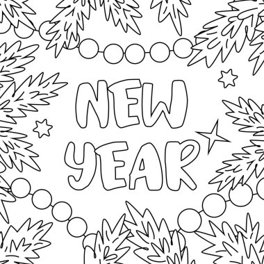 Çocuklar için boyama kitabı. Noel dekoru. Köknar dalları ve boncuklarla el çizimi vektör arka plan.