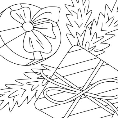 Boyama kitabı Noel, kış dekorasyonu. El çizimi vektör arka plan, yaylı hediyeler, köknar dalları. Siyah ve beyaz.