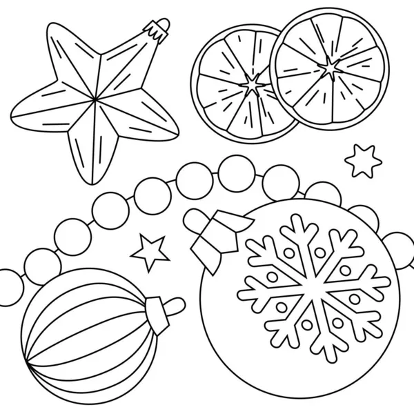 Книга раскраски Рождество, зимний декор. Ручной векторный фон с еловыми ветвями, бусинами, рождественскими шарами, звездной игрушкой. Черное и белое. — стоковый вектор