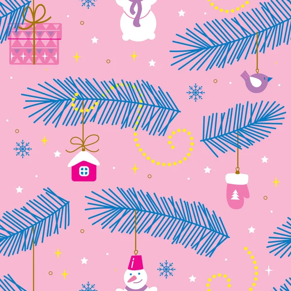 Vector seamless winter pattern. Christmass decoration on pink, rose background. Christmass toys on fir branches. New year pattern. — Stock Vector