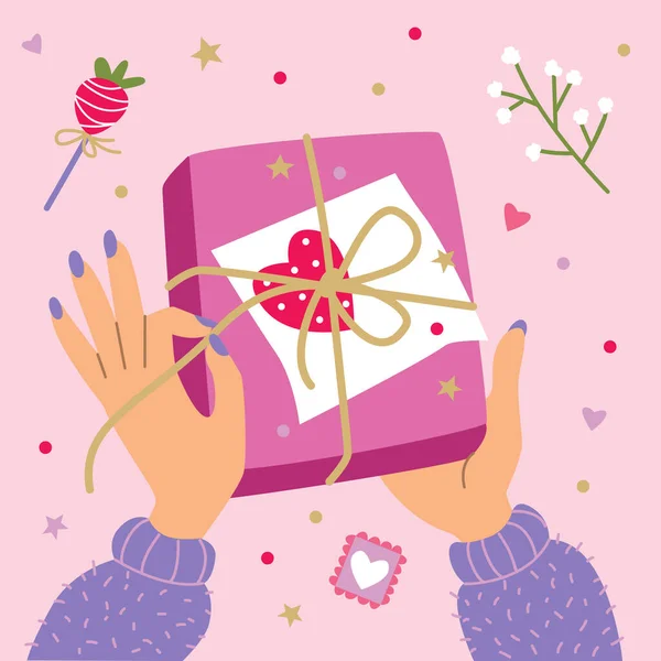 Vector illustratie met handen en gave. Verpakking kerstcadeau doos voor te bereiden voor de viering van Sint Valentijnsdag. Liefde inspiratie. — Stockvector