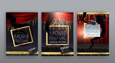 Gösteri zamanı, sinema ve tiyatro salonu koltukları kırmızı kadife perdeler. Parlayan ampuller eski ve lüks festival broşürleri, altın gerçekçi vektör, müzik parlayan klasik poster tasarımı