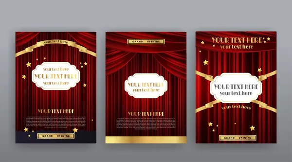 Gösteri zamanı, sinema ve tiyatro salonu koltukları kırmızı kadife perdeler. Parlayan ampuller eski ve lüks festival broşürleri, altın gerçekçi vektör, müzik parlayan klasik poster tasarımı