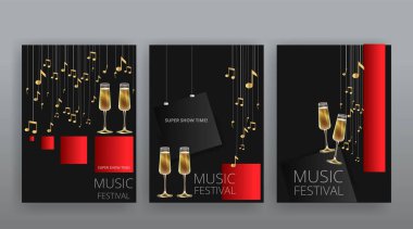 Gösteri zamanı, sinema ve tiyatro salonu koltukları kırmızı kadife perdeler. Parlayan ampuller eski ve lüks festival broşürleri, altın gerçekçi vektör, müzik parlayan klasik poster tasarımı