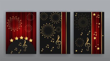 Gösteri zamanı, sinema ve tiyatro salonu koltukları kırmızı kadife perdeler. Parlayan ampuller eski ve lüks festival broşürleri, altın gerçekçi vektör, müzik parlayan klasik poster tasarımı