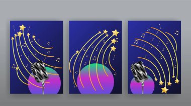 Müzik Festivali gece gösterisi posteri, sinema ve tiyatro salonu kadife perdeli. Parlayan ampuller eski ve lüks el ilanları, parıldayan spot ışıkları klasik tasarım altın gerçekçi vektör