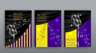 Müzik Festivali gece gösterisi posteri, sinema ve tiyatro salonu kadife perdeli. Parlayan ampuller eski ve lüks el ilanları, parıldayan spot ışıkları klasik tasarım altın gerçekçi vektör