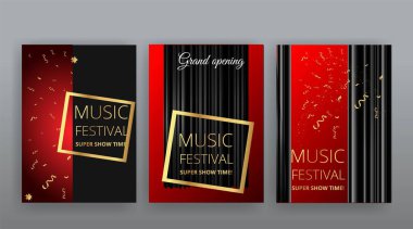 Müzik Festivali gece gösterisi posteri, sinema ve tiyatro salonu kadife perdeli. Parlayan ampuller eski ve lüks el ilanları, parıldayan spot ışıkları klasik tasarım altın gerçekçi vektör