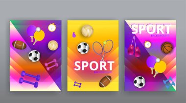 Spor malzemeleri, beden eğitimi ve aktivite reklamı, lüks gerçekçi vektör topları, yoga, Zumba, tenis, pilates, ping pong, beyzbol, boks, voleybol