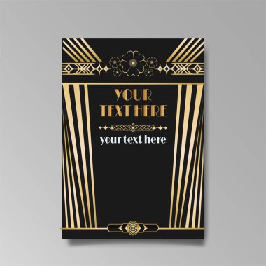 Art Deco A4 sayfa şablonu, ağ ve baskı için retro tarzı, şehir ve altın çizgili ışık deseni. Modern tasarım menü veya broşür, lüks nazik tasarım, antik Yunan tarzı