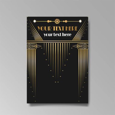 Art Deco lüks şablonu altın siyah, A4 sayfası, menü, kart, davetiye, güneş ve şehir ışıkları Art deco / Art Nuovo tarzı, güzel arka plan.