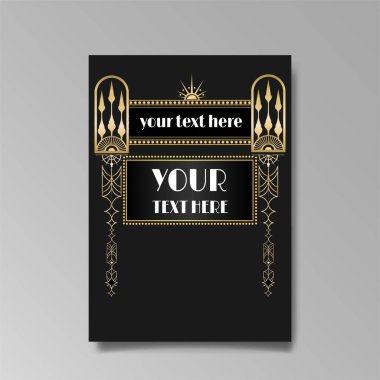 Art Deco A4 sayfa şablonu, ağ ve baskı için retro tarzı, şehir ve altın çizgili ışık deseni. Mönü veya broşür için modern tasarım, lüks nazik tasarım