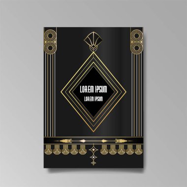 Art Deco A4 sayfa şablonu, ağ ve baskı için retro tarzı, şehir ve altın çizgili ışık deseni. Modern tasarım menü veya broşür, lüks nazik tasarım, antik Yunan tarzı