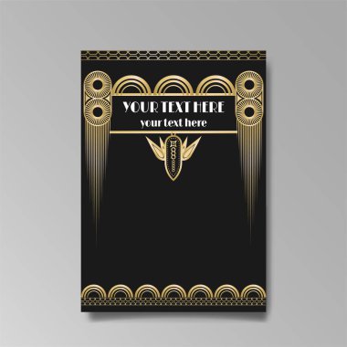 Art Deco A4 sayfa şablonu, ağ ve baskı için retro tarzı, şehir ve altın çizgili ışık deseni. Modern tasarım menü veya broşür, lüks nazik tasarım, antik Yunan tarzı