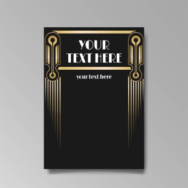 Art Deco A4 sayfa şablonu, ağ ve baskı için retro tarzı, şehir ve altın çizgili ışık deseni. Modern tasarım menü veya broşür, lüks nazik tasarım, antik Yunan tarzı