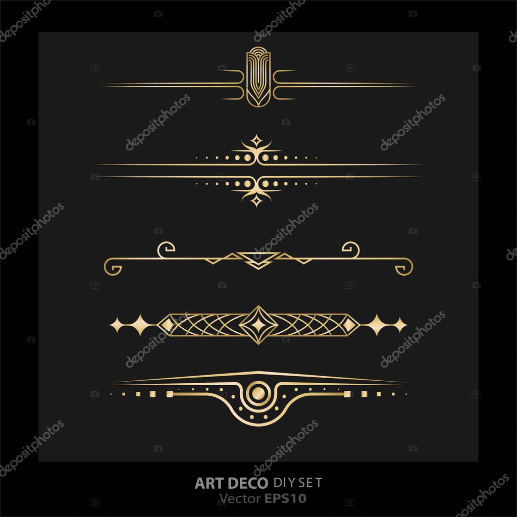 Art deco/Art nuevo DIY elements vector luxury golden black elegant  set of borders for print and web. Creative illustration.