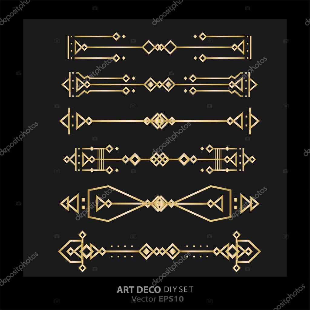 Art deco/Art nuevo DIY elements vector luxury golden black elegant  set of borders for print and web. Creative illustration.