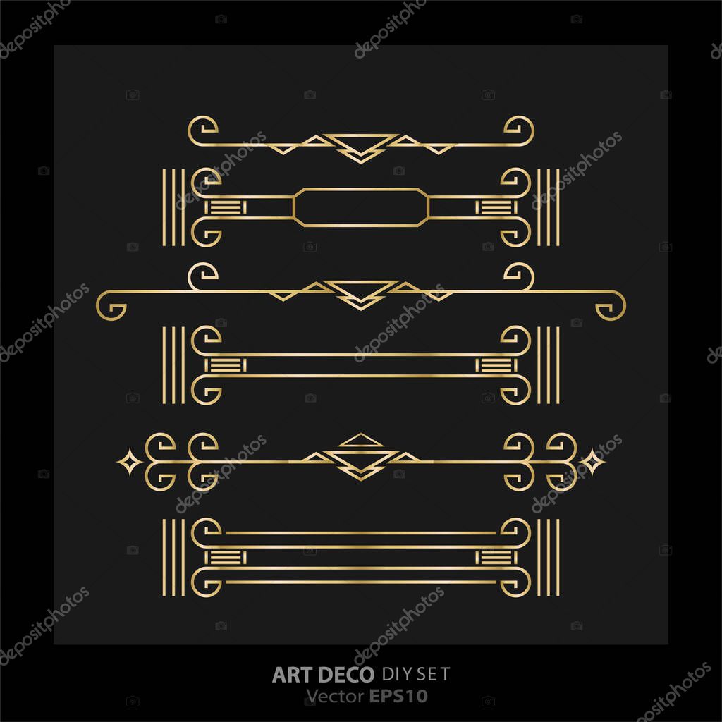 Art deco/Art nuevo DIY elements vector luxury golden black elegant  set of borders for print and web. Creative illustration.