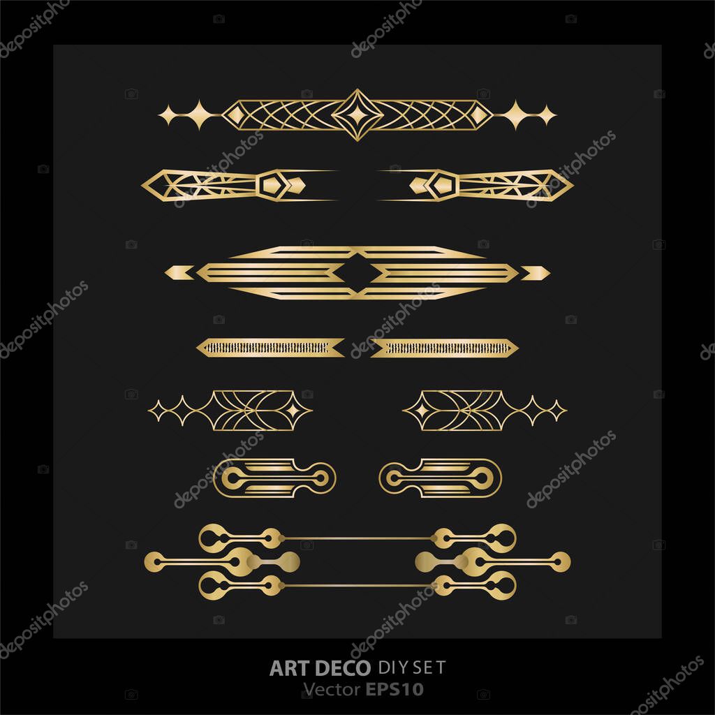 Art deco/Art nuevo DIY elements vector luxury golden black elegant  set of borders for print and web. Creative illustration.