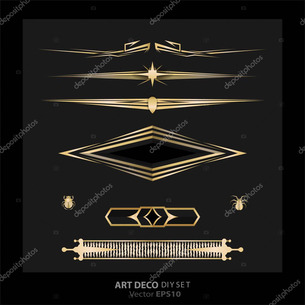 Art deco/Art nuevo DIY elements vector luxury golden black elegant  set of borders for print and web. Creative illustration.
