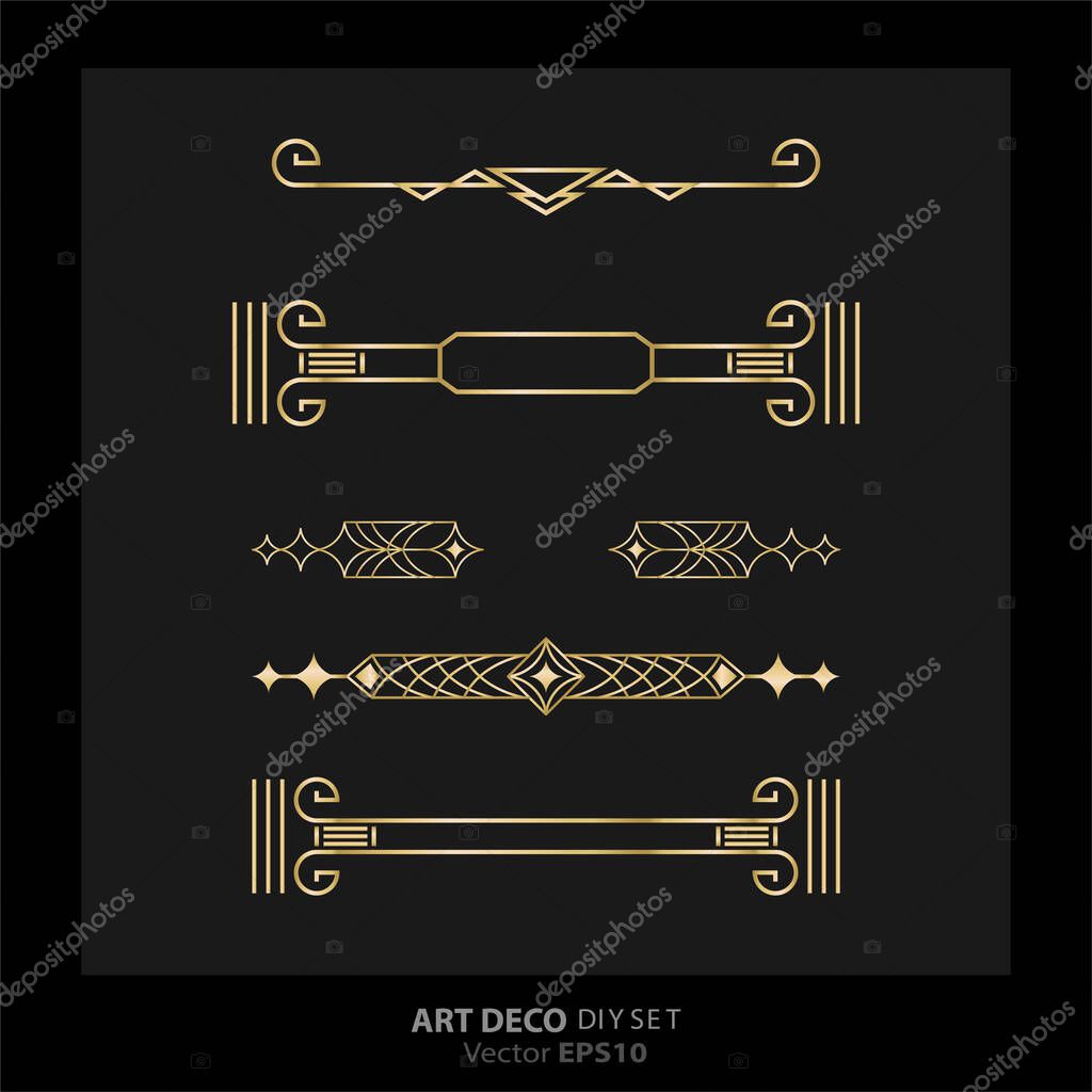 Art deco/Art nuevo DIY elements vector luxury golden black elegant  set of borders for print and web. Creative illustration.