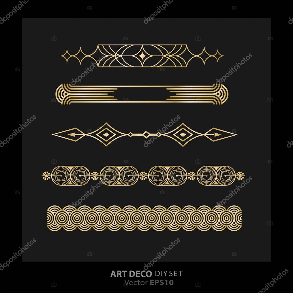 Art deco/Art nuevo DIY elements vector luxury golden black elegant  set of borders for print and web. Creative illustration.