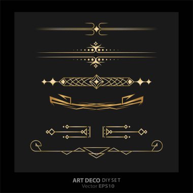 Art deco / Art nuevo DIY elementleri, baskı ve web için lüks, siyah zarif sınırlar kümesi. Yaratıcı çizim.