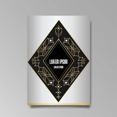 Art Deco gümüş-siyah ve kırmızı şablon, A4 sayfa, menü, kart, davetiye, güneş ve şehir ışıkları vampir tarzında, güzel arka plan, lüks davetiye. Eskimiş mistik ve esrarengiz el ilanları, çiçek desenleri