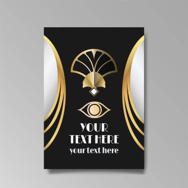 Art Deco, A4 sayfası, menü, kart, davetiye, Art DecoArt Nuevo tarzında güneş ve şehir ışıkları, güzel bir arka plan, lüks bir davet. Retro mistik ve okült uçucu