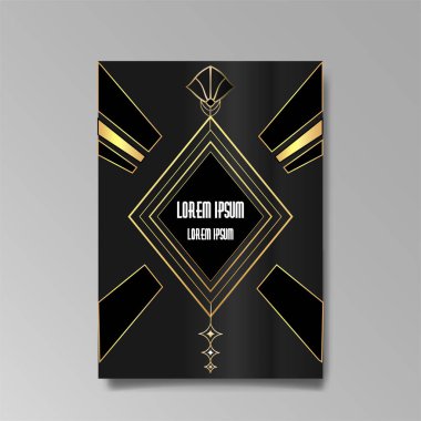 Art Deco A4 sayfa şablonu, ağ ve baskı için retro tarzı, şehir ve altın çizgili ışık deseni. Mönü veya broşür için modern tasarım, lüks nazik tasarım