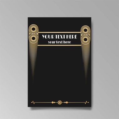 Art Deco A4 sayfa şablonu, ağ ve baskı için retro tarzı, şehir ve altın çizgili ışık deseni. Modern tasarım menü veya broşür, lüks nazik tasarım, antik Yunan tarzı
