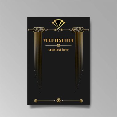 Art Deco A4 sayfa şablonu, ağ ve baskı için retro tarzı, şehir ve altın çizgili ışık deseni. Modern tasarım menü veya broşür, lüks nazik tasarım, antik Yunan tarzı