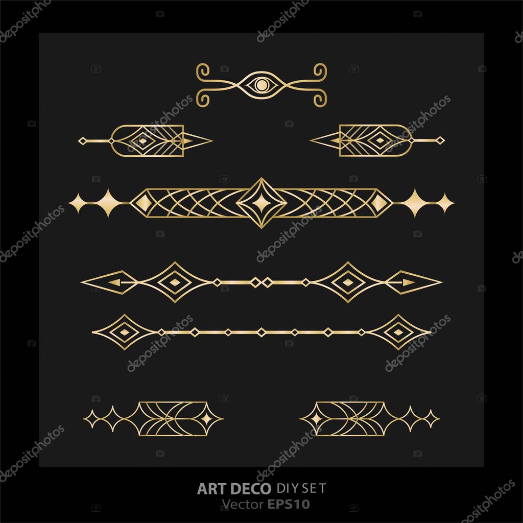 Art deco/Art nuevo DIY elements vector luxury golden black elegant  set of borders for print and web. Creative illustration.