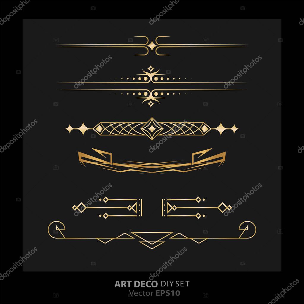 Art deco/Art nuevo DIY elements vector luxury golden black elegant  set of borders for print and web. Creative illustration.