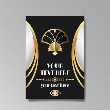 Art Deco, A4 sayfası, menü, kart, davetiye, Art Deco Art Nuevo tarzında güneş ve şehir ışıkları, güzel bir arka plan, lüks davetiye. Retro mistik ve okült uçucu