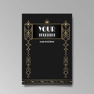 Art Deco, A4 sayfası, menü, kart, davetiye Art Deco Art Nuevo tarzında güneş ve şehir ışıkları, güzel bir arka plan, lüks bir davet. Retro mistik ve okült uçucu