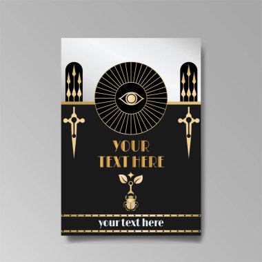 Art Deco, A4 sayfası, menü, kart, davetiye, Art Deco Art Nuevo tarzında güneş ve şehir ışıkları, güzel bir arka plan, lüks davetiye. Retro mistik ve okült uçucu