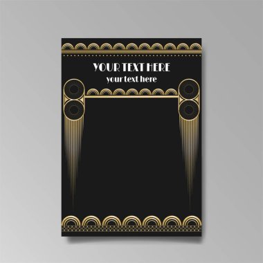 Art Deco A4 sayfa şablonu, ağ ve baskı için retro tarzı, şehir ve altın çizgili ışık deseni. Modern tasarım menü veya broşür, lüks nazik tasarım, antik Yunan tarzı
