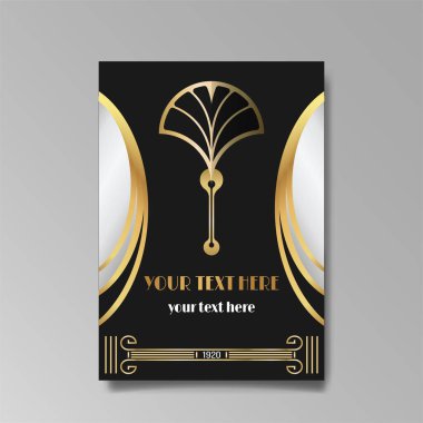 Art Deco, A4 sayfası, menü, kart, davetiye, Art Deco Art Nuevo tarzında güneş ve şehir ışıkları, güzel bir arka plan, lüks davetiye. Retro mistik ve okült uçucu