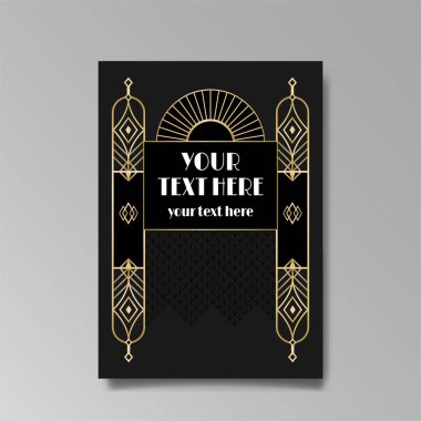Art Deco A4 sayfa şablonu, ağ ve baskı için retro tarzı, şehir ve altın çizgili ışık deseni. Modern tasarım menü veya broşür, lüks nazik tasarım, antik Yunan tarzı