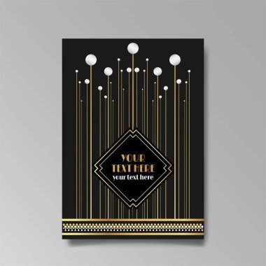 Art Deco A4 sayfa şablonu, ağ ve baskı için retro tarzı, şehir ve altın çizgili ışık deseni. Modern tasarım menü veya broşür, lüks nazik tasarım, antik Yunan tarzı
