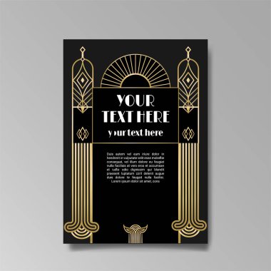 Art Deco A4 sayfa şablonu, ağ ve baskı için retro tarzı, şehir ve altın çizgili ışık deseni. Modern tasarım menü veya broşür, lüks nazik tasarım, antik Yunan tarzı