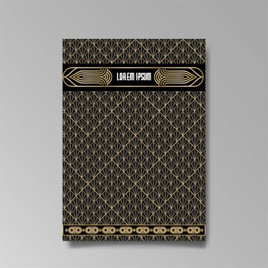 Art Deco A4 sayfa şablonu, ağ ve baskı için retro tarzı, şehir ve altın çizgili ışık deseni. Modern tasarım menü veya broşür, lüks nazik tasarım, antik Yunan tarzı
