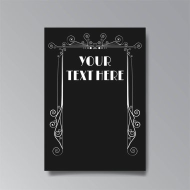 Art Nuevo template golden-black white, A4 page, card, invitation, floral lines and swirls ornament in a romantic style, beautiful background, luxury invite. Wedding foliage swirl flourish flyer