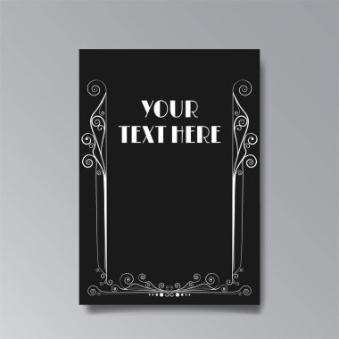 Art Nuevo template golden-black white, A4 page, card, invitation, floral lines and swirls ornament in a romantic style, beautiful background, luxury invite. Wedding foliage swirl flourish flyer